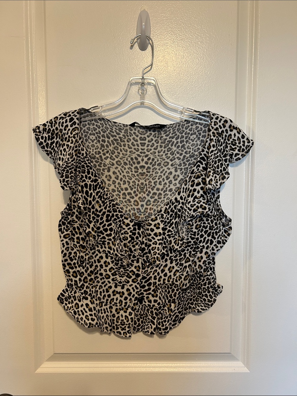 Zara Black & White Leopard Print Ruffle V-Neck Blouse and Short set